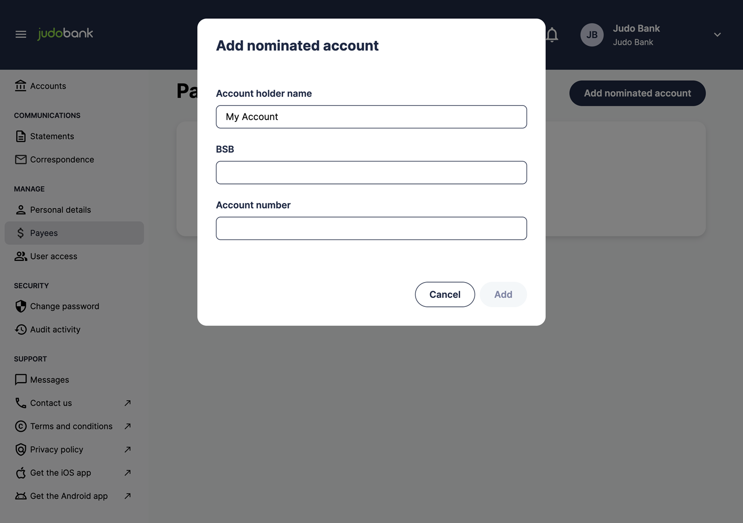 Add Nominated Account screen