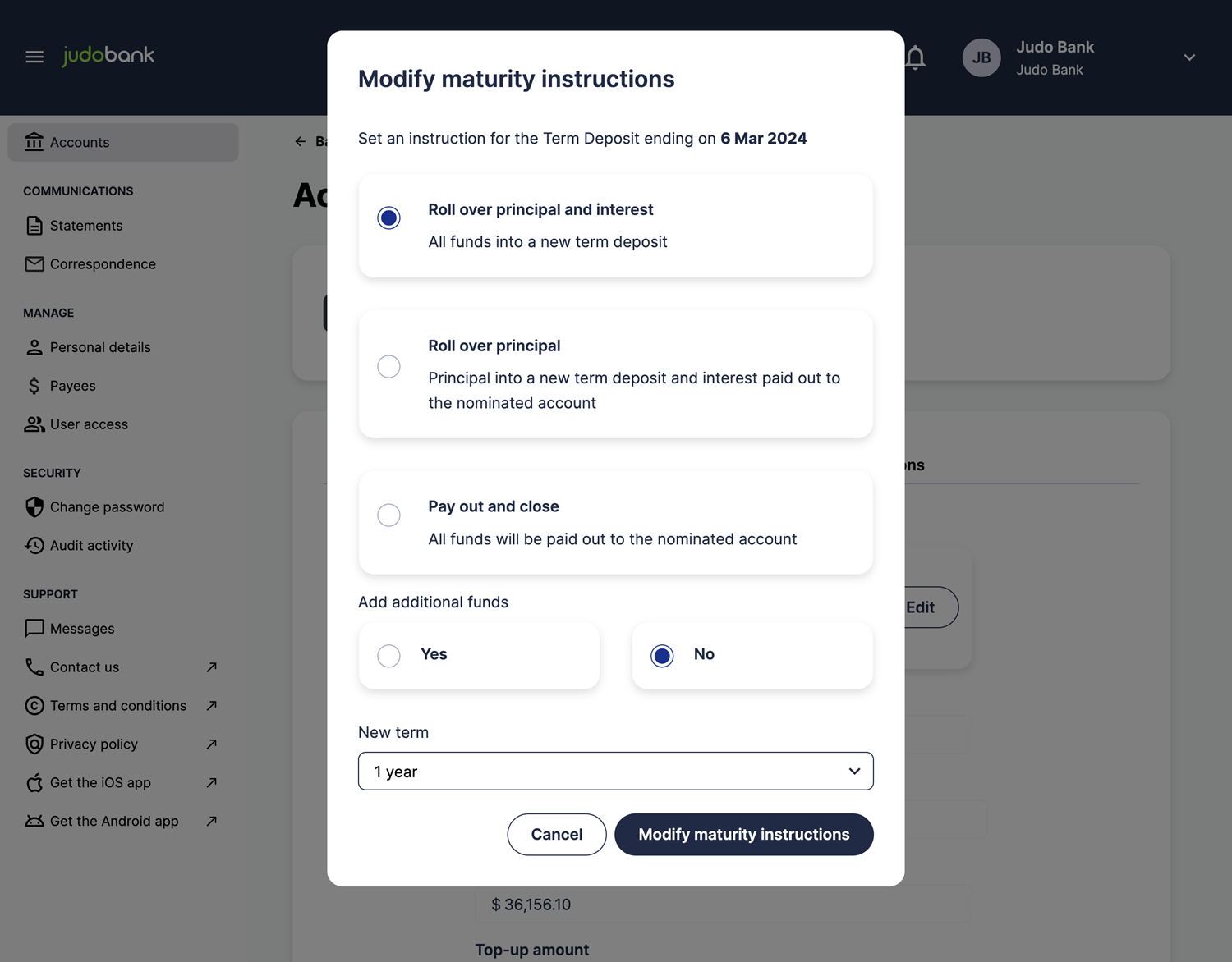 Modify Maturity screen