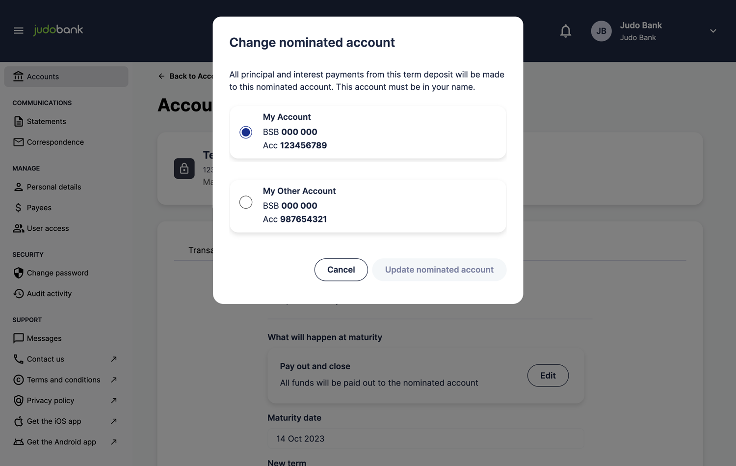 Change nominated account screen